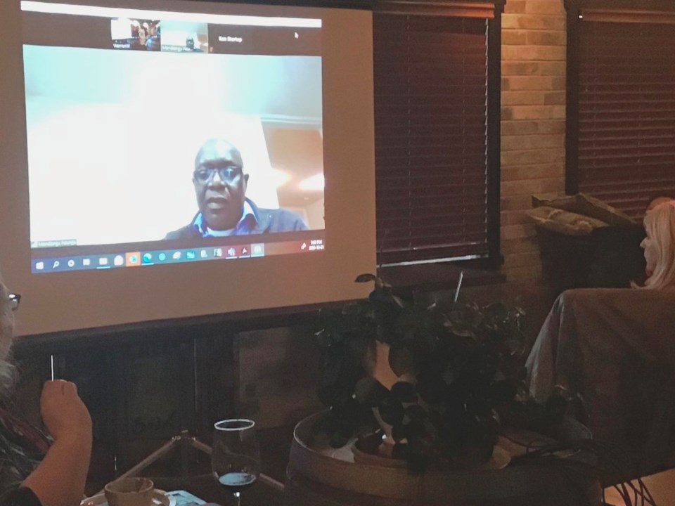 Dr. Mandiangu Nsungu from Saskatchewan Health Authority appears by Zoom at the monthly Chamber on Ta