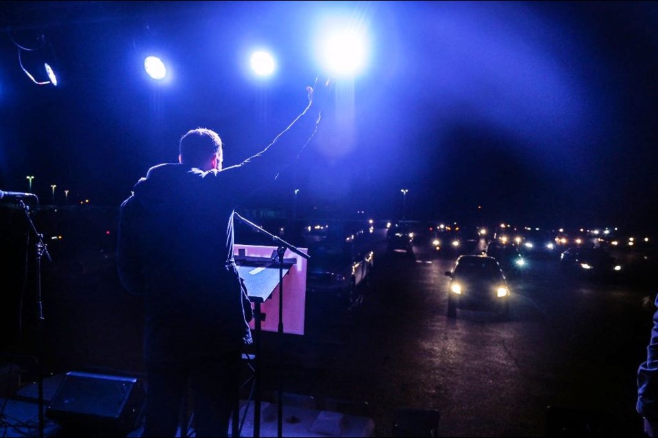 NDP Leader Ryan Meili spoke at the first drive-in rally on Oct. 17. Photo courtesy Ryan Meili Facebook Page