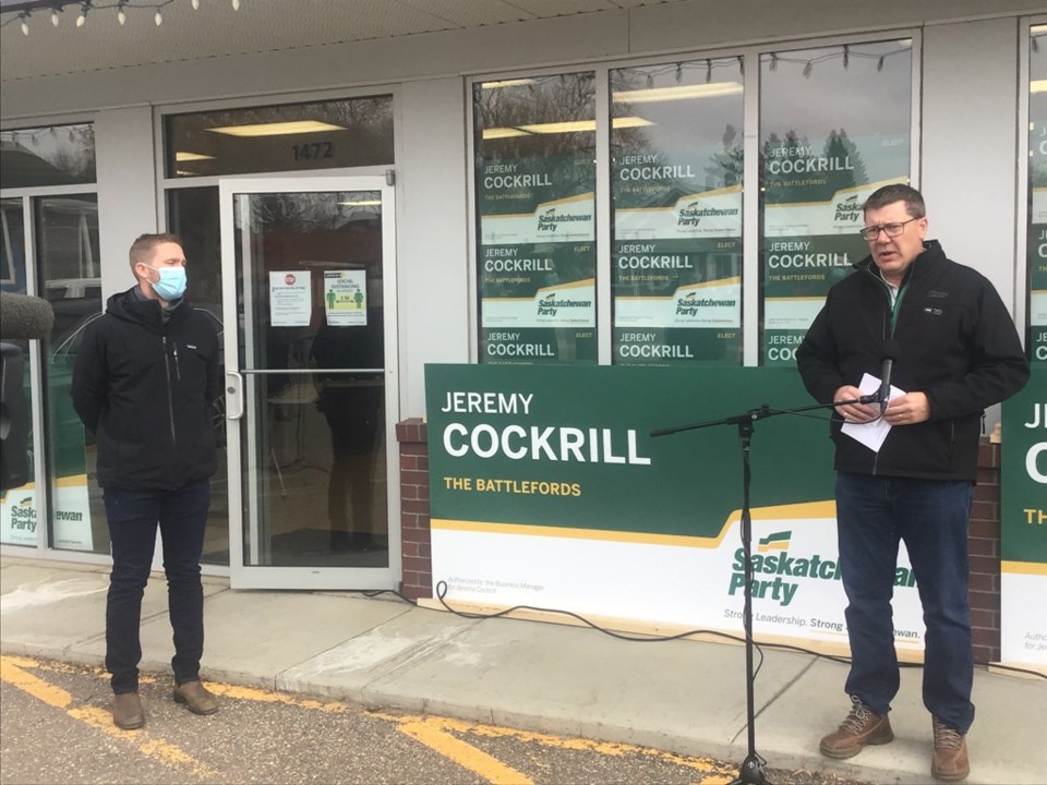 Scott Moe outside the Sask Party campaign office of Jeremy Cockrill on a chilly afternoon, just one