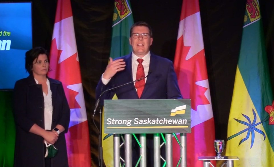 Saskatchewan Party Leader and Premier-elect Scott Moe spoke to a largely empty room, despite a massi
