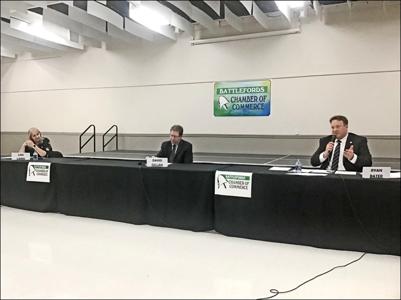 North Battleford mayor candidates Lois Laing, David Gillan and Ryan Bater took part in the all-candi