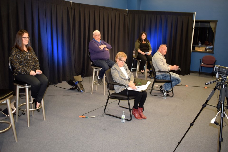 From left, Kirsten Walliser, Allen Yergens, Bernadette Wright, Shelly Veroba and Geoff Thiessen were part of the second group of candidates in the forum.