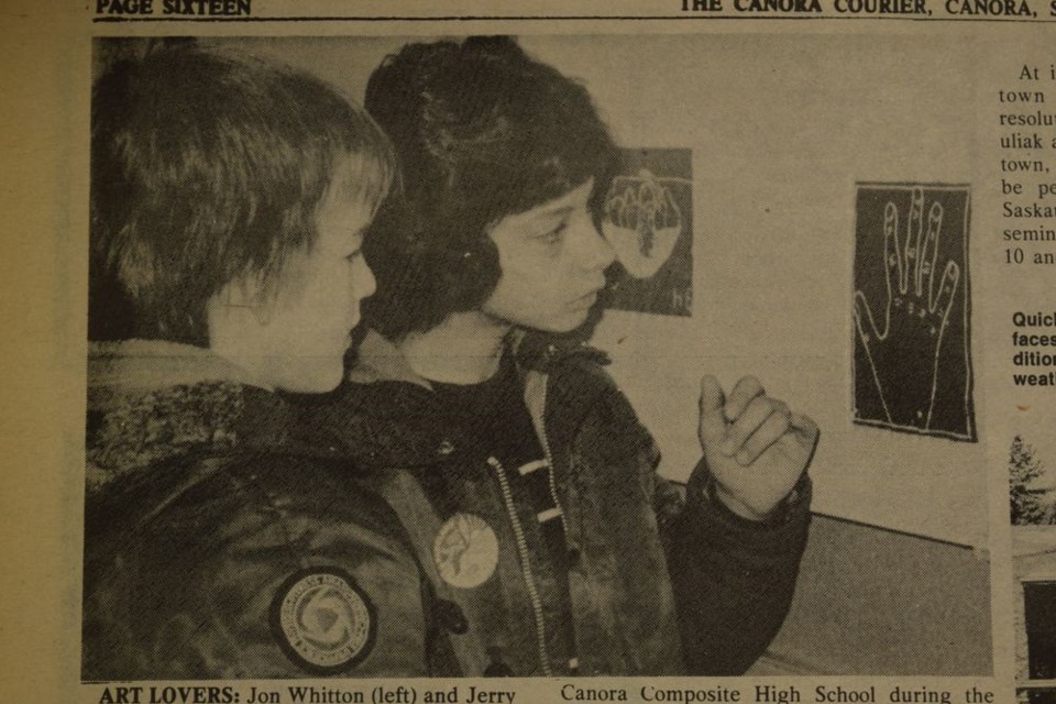 Jon Whitton (left) and Jerry Wenarchuk of Canora seemed to enjoy the art display from the Yorkton Art Centre at the Canora Composite High School during the Parkland Regional Winter Games.