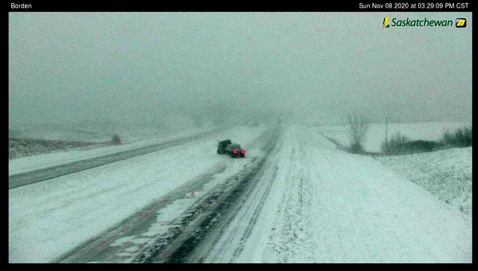 A screenshot from the traffic cam at Borden Bridge, showing a vehicle in the ditch.