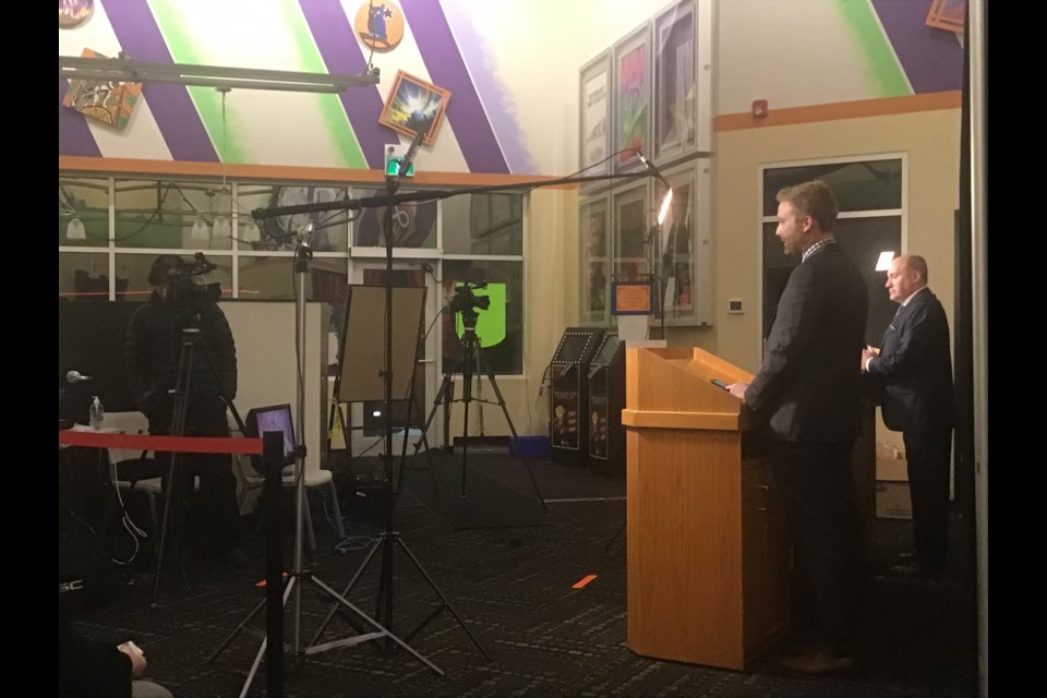 This was the scene in the lobby of the Capitol Annex where the live production for BBEX Goes to the Movies took place Thursday night, with the show appearing on the four screens within the theatre complex. Seen here at the podiums are newly elected Battlefords MLA Jeremy Cockrill and emcee Heath Gabruch.