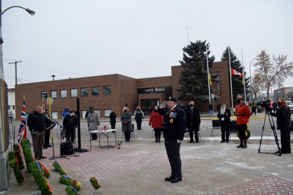 Cort Barker salutes during the wreath ceremony that was part of Estevan’s Remembrance Day service last week.