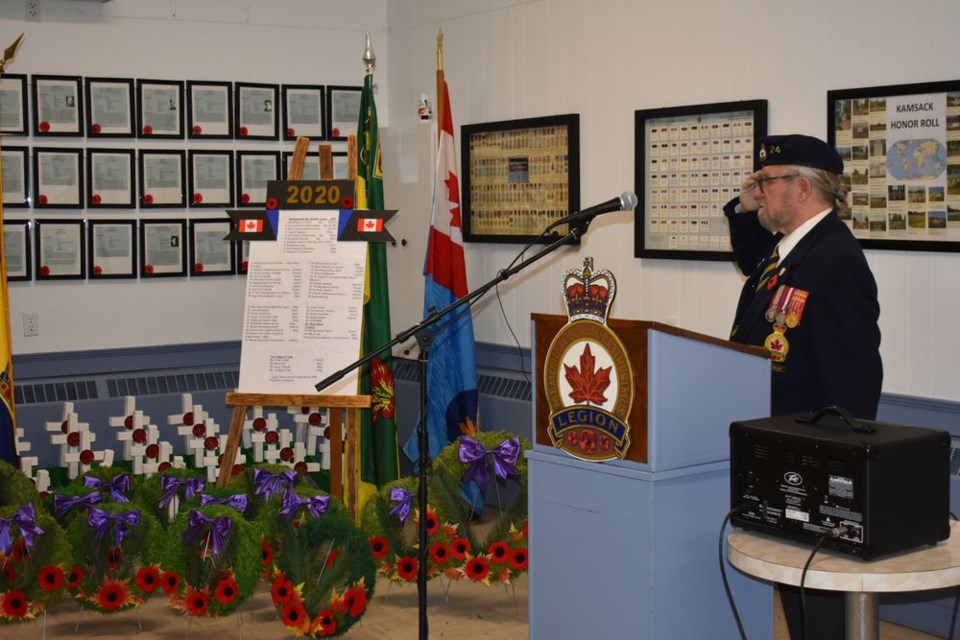 Jim Woodward, president of the Kamsack branch of the Royal Canadian Legion, saluted the area’s veterans during a virtual Remembrance Day service held in the Legion Hall on November 11.