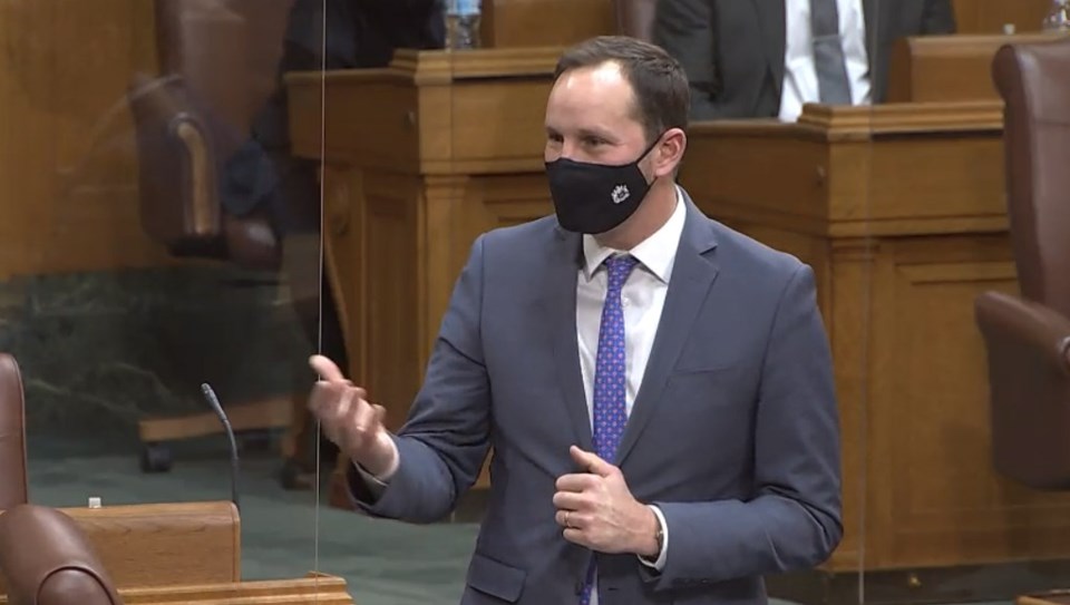 NDP Leader Ryan Meili, seen here congratulating the newly elected speaker earlier on Nov. 30, was cr