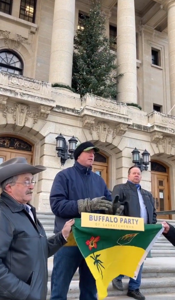 Several dozen Buffalo Party of Saskatchewan supporters rallied on the steps of the Legislatures on N