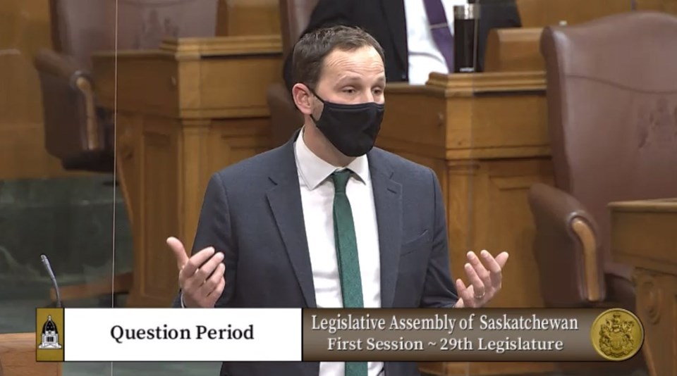 NDP Leader Ryan Meili asked about possible military assistance with the COVID-19 pandemic. Screen ca
