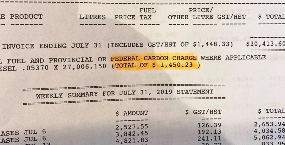 Phair Oilfield Tank Truck Service Ltd. paid $1,450.23 in carbon tax on its fuel bill in just one mon