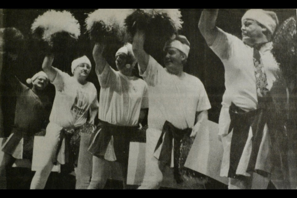 This is not an addition to the Saskatchewan fine arts curriculum but rather a group of teachers and one director of education having a run at some cheerleading fun during the annual teacher talents time on the last day of school in 1995. The educators presented their limited talents to a packed Cafetorium of students. From left, director Larry Steeves, teachers Collin Grunert, Justin Giesbrecht, Gord McMurtry and principal Maurice Jago.