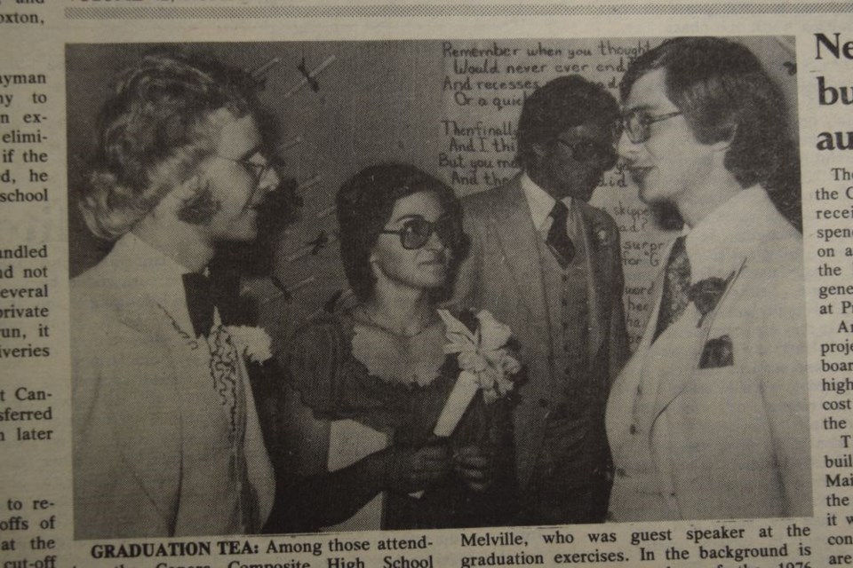 Among those attending the 1977 Canora Composite High School graduation tea were: Frank Kowbel, valedictorian; Charlotte German, president of the SRC, and Les Matsalla of Melville, the guest speaker at the graduation exercises and a previous CCHS graduate. In the background was Terry Brososky, a member of the 1976 graduating class.