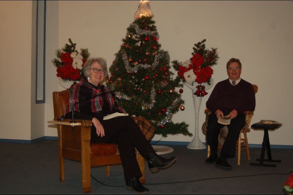 Sheila Ivanochko, left, and Miles Russell shared Christmas at the Vinyl Cafe during the Christmas reading night held by live stream at the Trinity United Church in Preeceville on December 10.