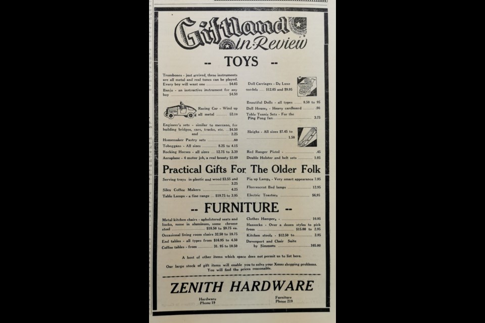 HARDWARE STORE: A Zenith Hardware advertisement offers a glimpse of what may have interested buyers in search of the perfect Christmas gift in 1946.