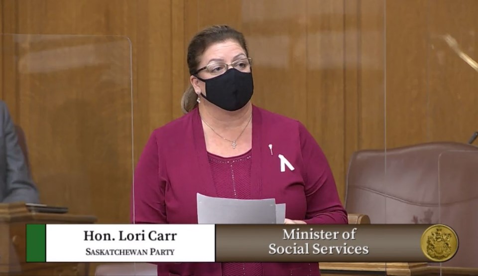 Estevan MLA Lori Carr is Minister of Social Services. Screen capture courtesy Saskatchewan Legislati