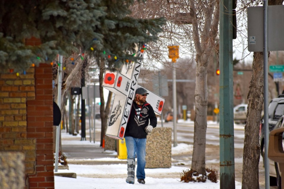 Warren Michael also known as The Old Man came to Estevan with the cross on his shoulder on Jan. 3. Photo by Anastasiia Bykhovskaia