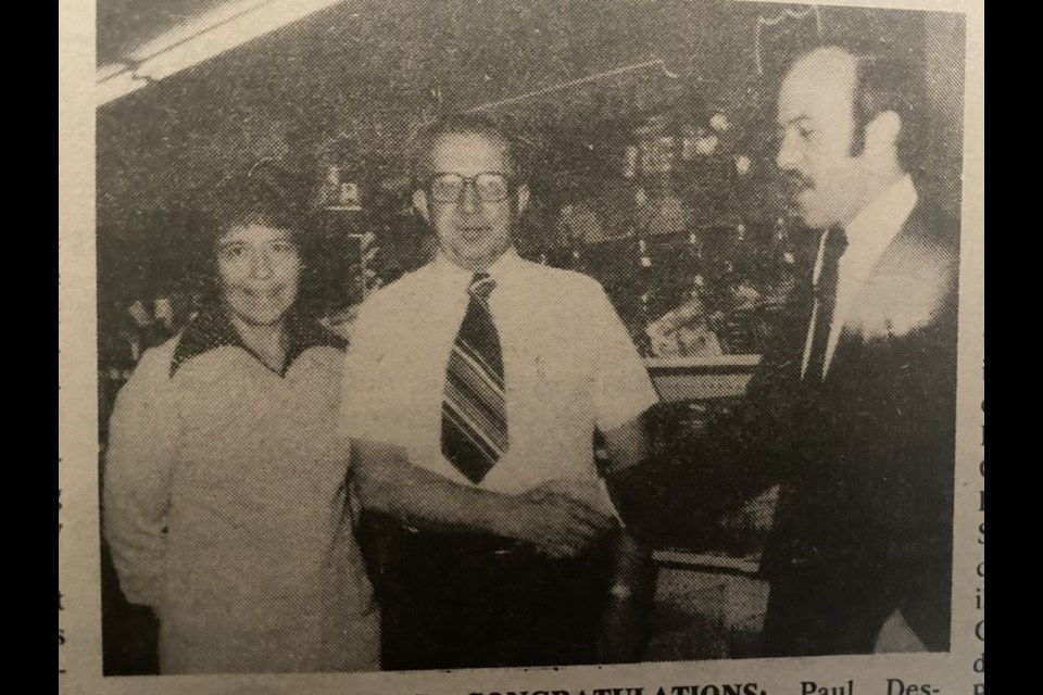 May 20, 1976- Paul Desrouches from Canadian Merchants Consolidated of Winnipeg congratulations Mr. and Mrs. Steve Gulka on the grand opening of the Prairie Family Centre and Family Fare.