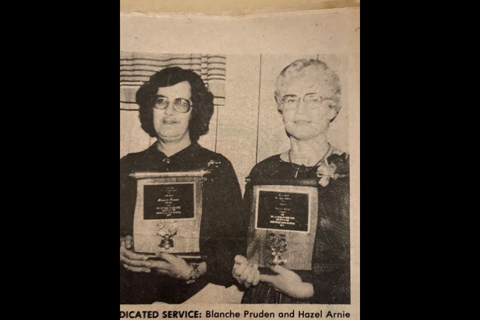 December 6, 1979- Blanche Pruden and Hazel Arnie were presented with 25-year plaques for their service with the Preeceville Union Hospital.