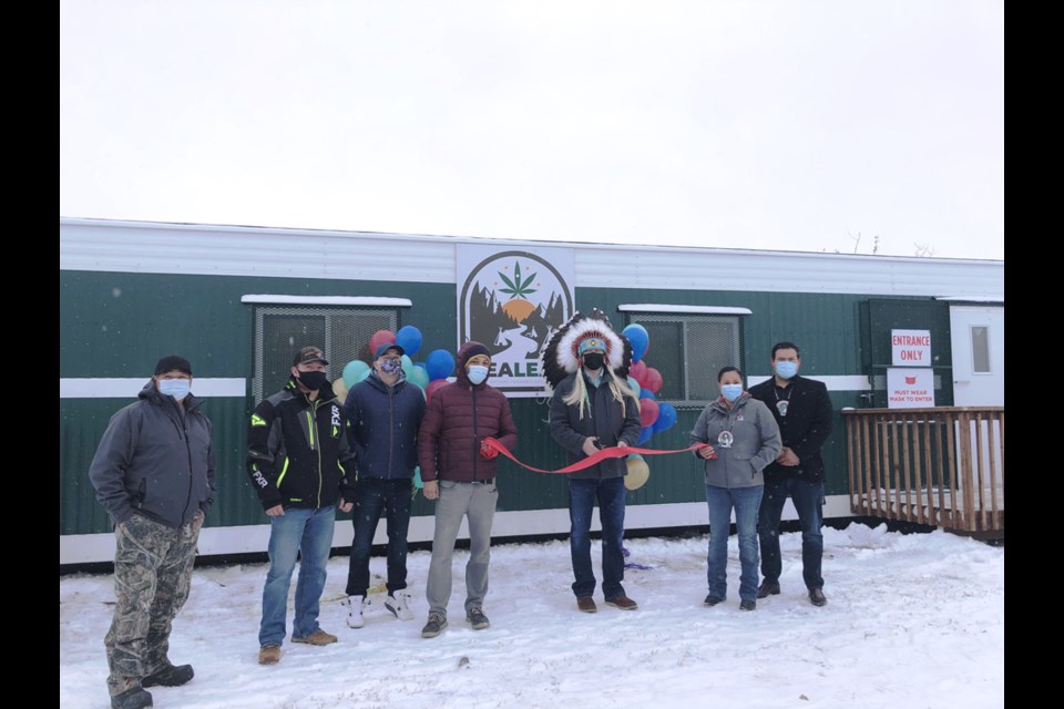 Councillor Gabe Moccasin, Councillor Dolphus Moccasin, Brandan Anderson, Mani Nero, Chief Kenny Moccasin, Councillor Rebecca Gopher and Councillor Adam Night at the grand opening of new cannabis dispensary situated on Saulteaux First Nation-owned land at the corner of Highway 4 North and Forest Hall Road.
