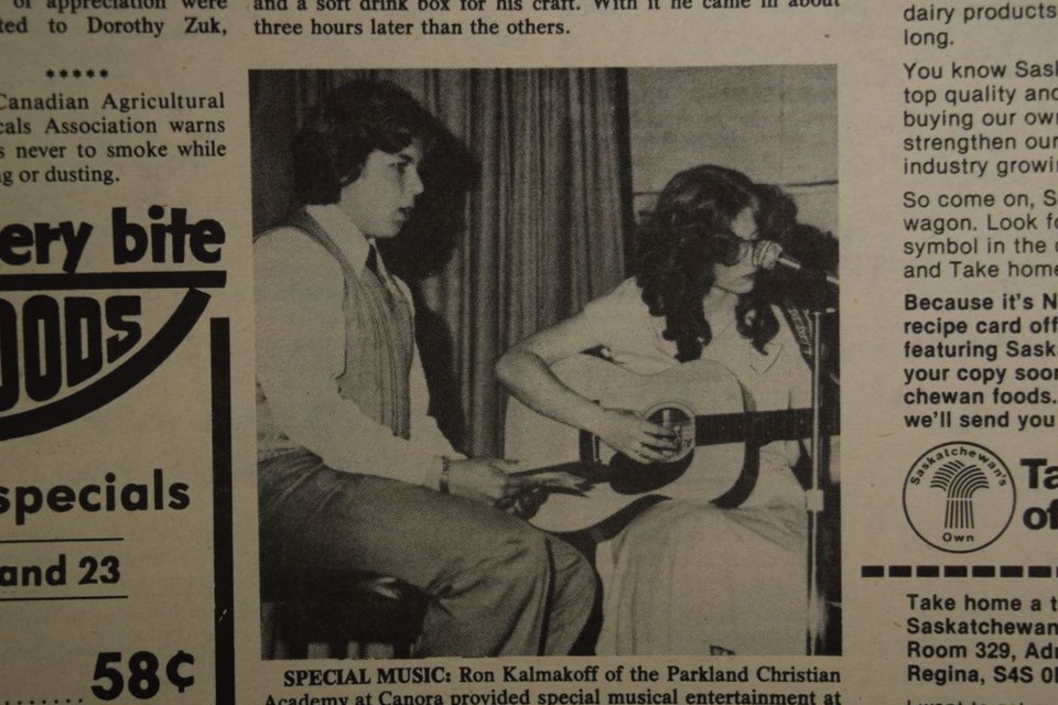 Ron Kalmakoff of the Parkland Christian Academy at Canora provided special musical entertainment at the Academy’s awards program in 1979. He sang two songs which he had written himself, Feelin’ Brand New and Shine On Me. He was accompanied by Dawn Hrywkiw.