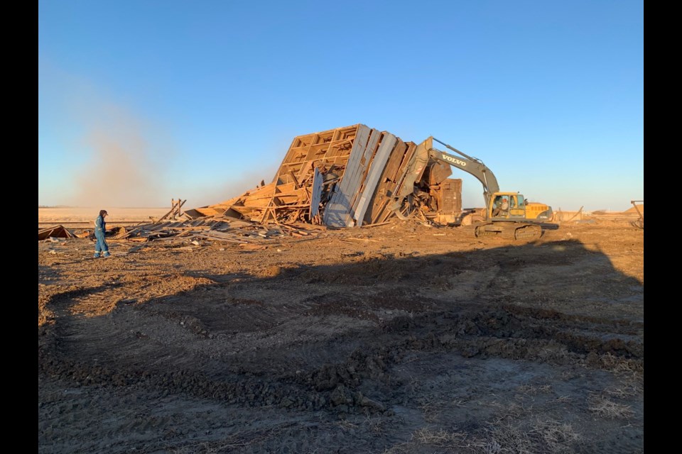 A grain elevator that was nearly 90 years old was demolished in Bromhead on March 17. Photo submitted