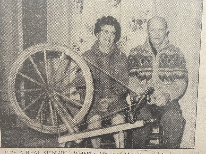January 25, 1968- Mr. and Mrs. Ingvald Ingbrigtson of Preeceville were wearing sweaters that were knit by Mrs. Ingbrigtson from the yarn that she spun from raw wool on this spinning wheel.