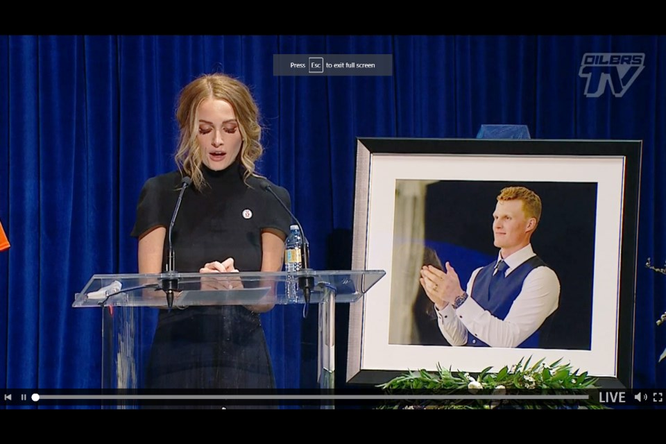 Emily Cave spoke today at a ceremony honouring her late husband, Colby Cave. “Had I known that I would eventually become his widow less than nine months after our dream come true ... I would only have run faster down the aisle to him,” she said of marrying the love of her life.