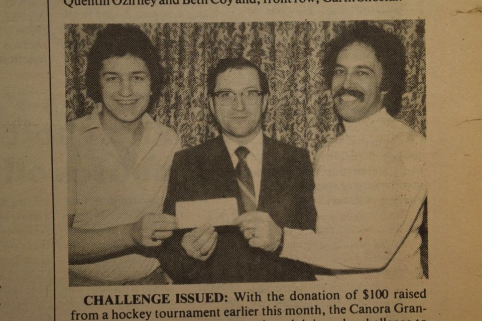 With the donation of $100 raised from a hockey tournament earlier in 1981, the Canora Grandora Colts senior recreational hockey club issued a challenge to all other clubs and organizations at Canora to also raise money for the Canora curling rink fund. Making the presentation was Terry Dennis (left), vide-president of the club, and Jerry Klimchuk (right), president of the club. Accepting the cheque was Mayor Lorne Kopelchuk, acting chairman for the finance committee for the proposed rink.