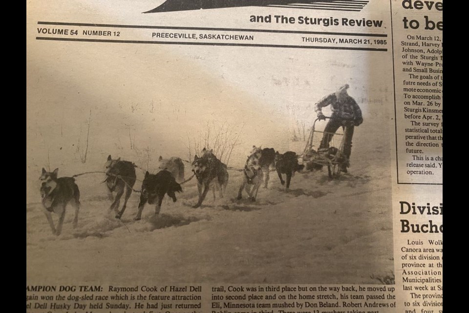 March 21, 1985- Raymond Cook of Hazel Dell once again won the dog sled race which was the feature attraction of Hazel Dell Husky Days.