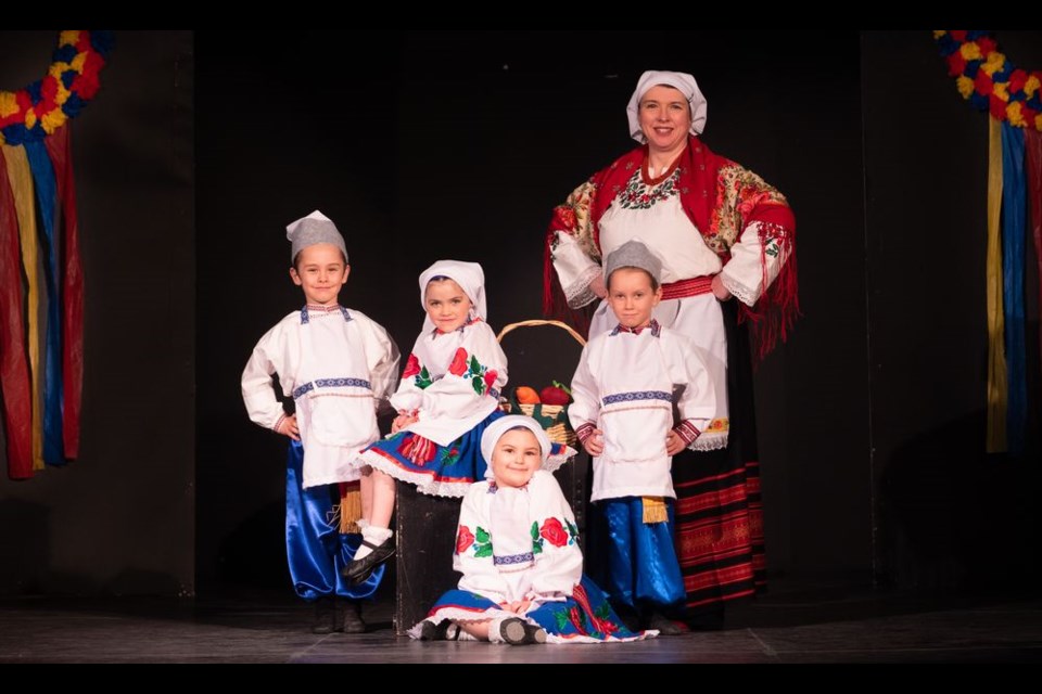 This season, the Beginner Class of the Sadok Ukrainian Dance Club performed a character dance entitled, Little Babushkas. From back left, were: Joseph Cymbalisty, Maelie Hilderman, Jackson Lucash, Annalee Parnetta (coach), and sitting, front: Alexis Puk. –All photos by Dustin Wilson