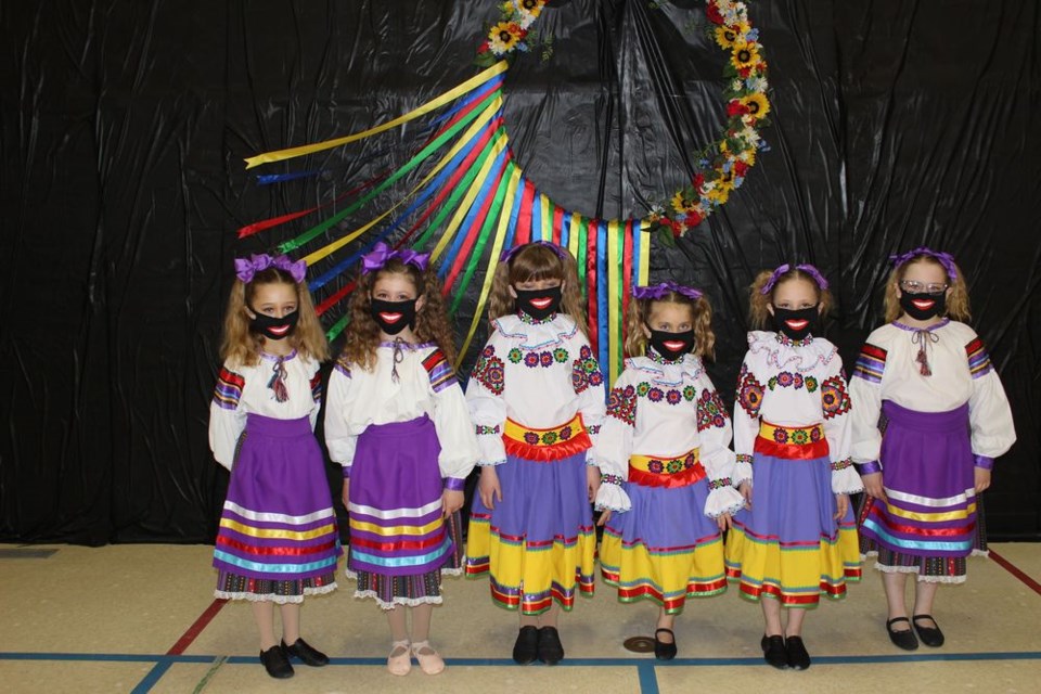 Group 1 dancers of the Ukrainian Barveenok Dance Club, from left, were: Lily Beatty, Lindy Romanchuk, Lizzie Ivanochko, Emily Belesky, Maycee Johnson and Brealyn Rakochy, who learned and performed a Poltava and a doll themed Transcarpathian dance for virtual competition.