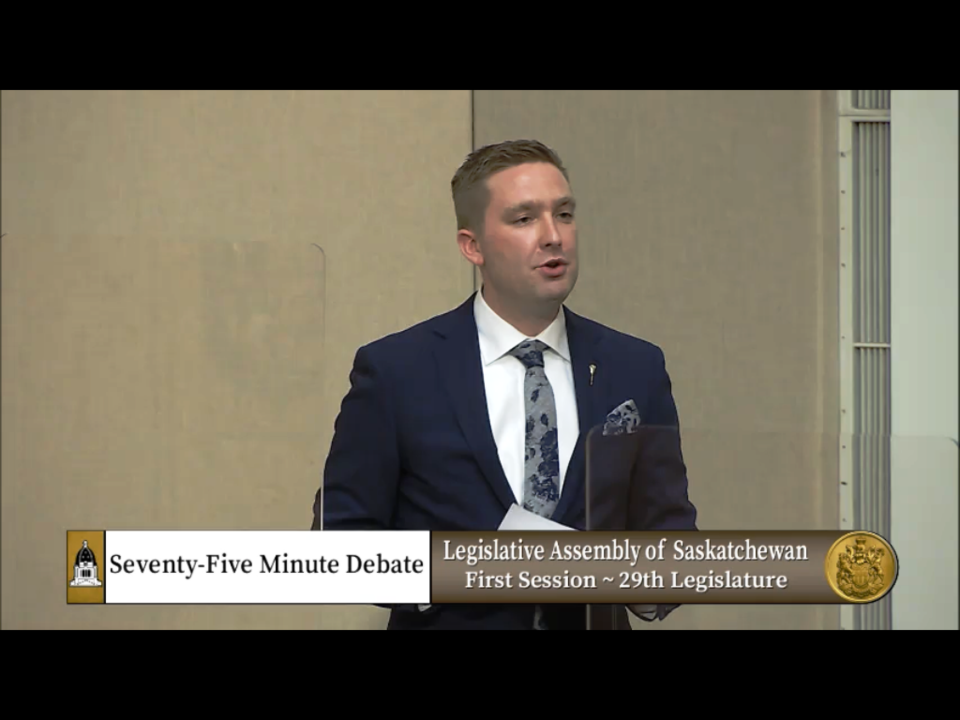 Battlefords MLA Jeremy Cockrill speaks in the Legislature during the debate on value added agricultu