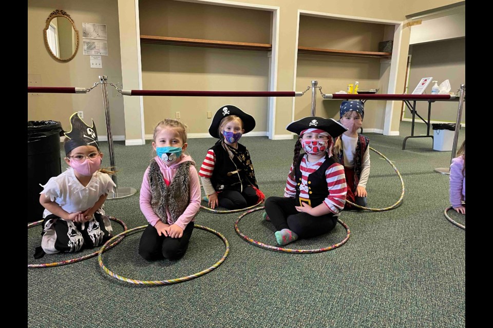 From left, Lilah Teixeira, Violet Garrioch, Maddie Grobbink, Ava Reinhardt and Blakely Clearwater enjoyed the pirate day at Kid’s Kollege Nursery School. Photo submitted