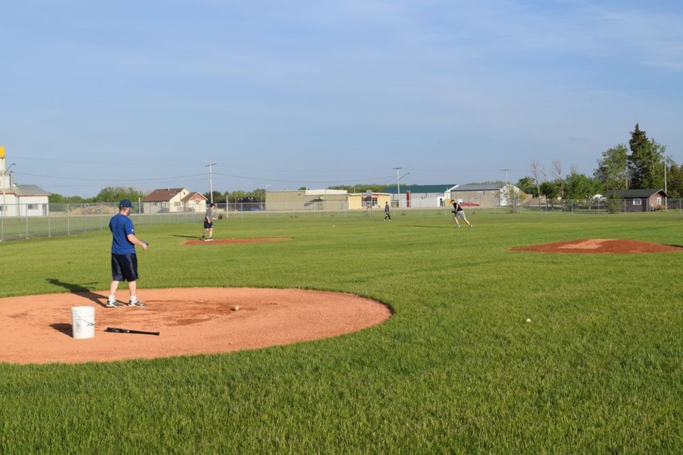 Greg Andreychuk, player/coach (far left), put Canora Supers infielders and outfielders through fielding practise on June 1 to get ready for the upcoming Southeast Senior Baseball League season. Andreychuk said players are enjoying the upgrades to Al Sapieha field in Canora and are excited to get back on the field after a lost 2020 season due to the pandemic. The Supers won the SESBL championship in 2019.