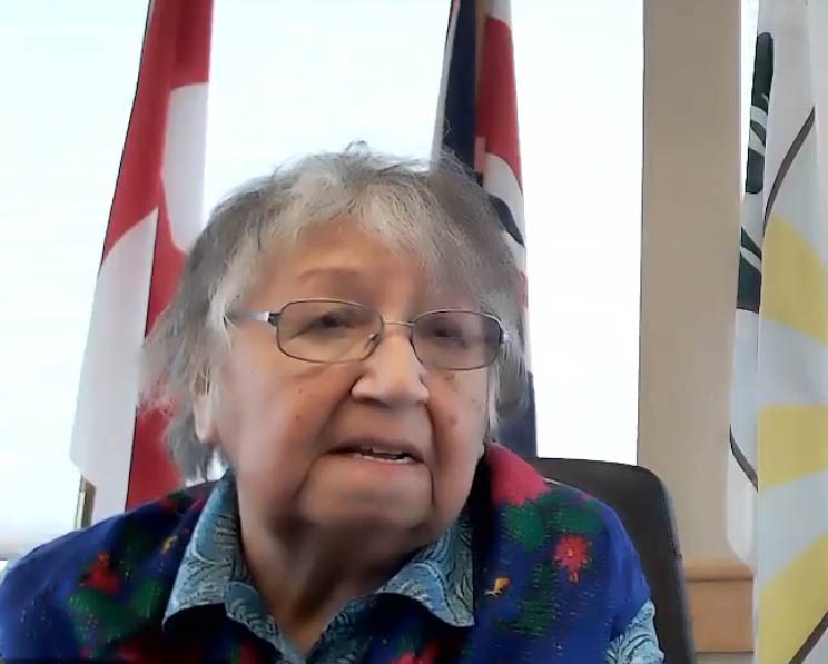 At a press conference Thursday, Cowessess First Nation Knowledge Keeper Florence Sparvier recalled how she and other Indigenous children were treated at the former Marieval Indian residential school on the Cowessess reserve in Marieval. Zoom screenshot