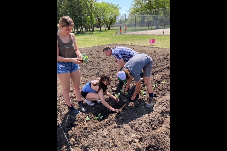 From left: Drea Beblow and Teagan Secondiak (Grade 11), Thomas Lowes (teacher), and Clay Sleeva (Grade 11) were among the students and teachers involved in planting and looking after the new garden at Canora Composite School this spring. The garden is part of the school’s long-term project to enhance the learning experience of students by embracing agriculture and getting outside.
