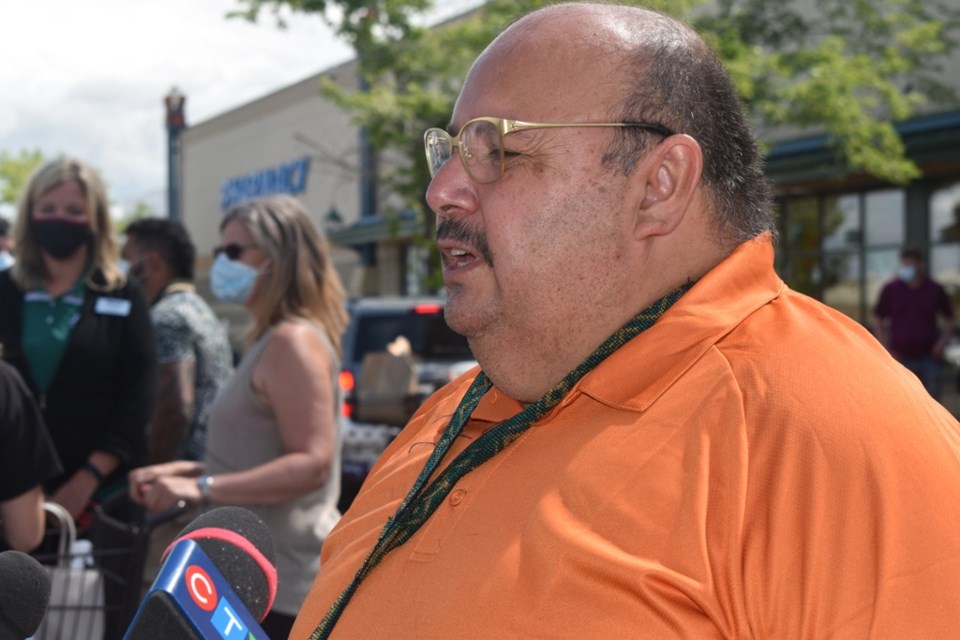 Battlefords Agency Tribal Chiefs executive director Neil Sasakamoose talks to reporters after Monday’s launching of the First Nations-owned nîkihk cleaning kits at Sobey’s Preston Crossing in Saskatoon. Jon Perez