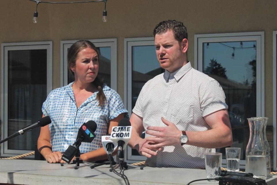 Opposition critic Aleana Young. Left, joined restaurant owner Josh McLean (R) outside his business,