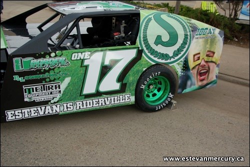 Estevan resident Jim Harris showed his support for Estevan's Riderville efforts with a Rider themed wrap for his IMCA modified stock car.