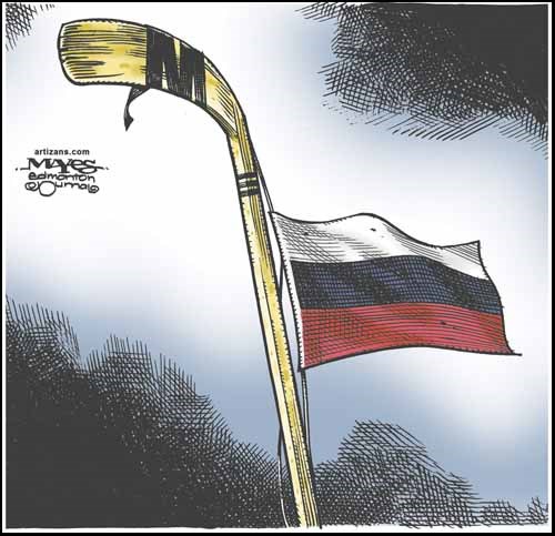 Russian flag flies half mast on hockey stick.