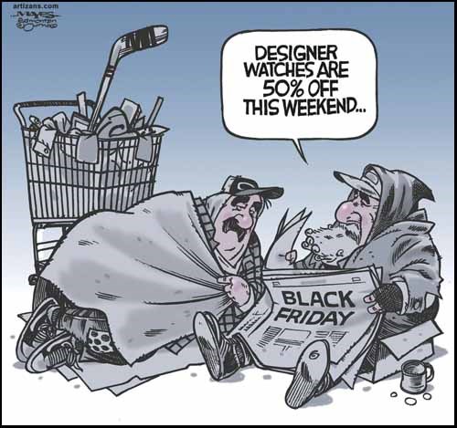 Homeless men discuss Black Friday sales.