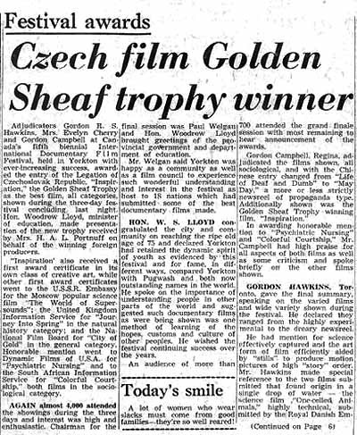 (newspaper article about first winner of the Golden Sheaf)