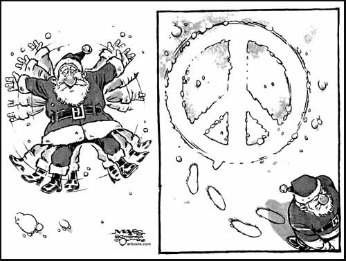Santa makes peace symbol in snow.