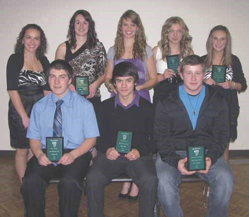 Front row, from left: Nathan Guy (senior football), Kylan Shea (junior football), Brett Tuttosi (senior volleyball); back row, from left: Leta Perepeluk (soccer), Brianna Ostafie, (senior volleyball), Emily Kruger (Cross country), Christina Mentanko (junior volleyball), Breanna Dobrowolski (junior volleyball). Missing: Nathan Ruff (soccer), Jacob Holinaty (junior volleyball).