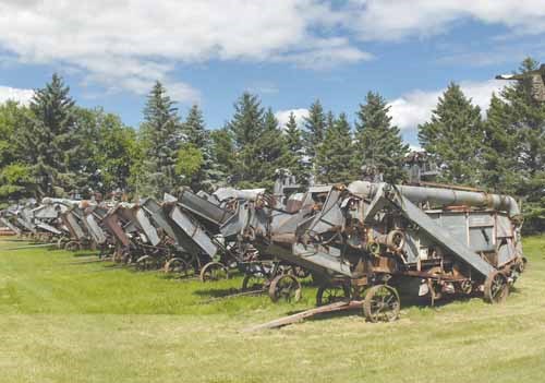Twelve old threshing machines, lined up at Ken Mack's farm just north of Langenburg, are all tuned up and ready to be a part of the world record attempt taking place August 24.