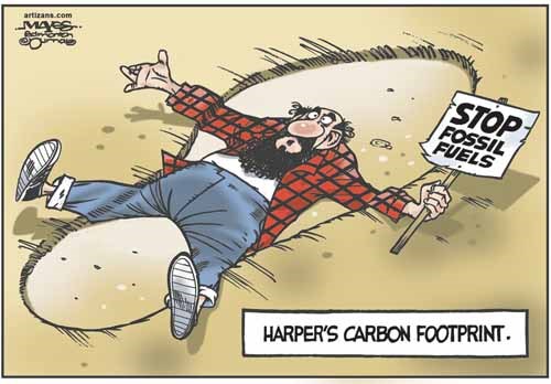 Environmentalist crushed by Stephen Harper's carbon footprint.