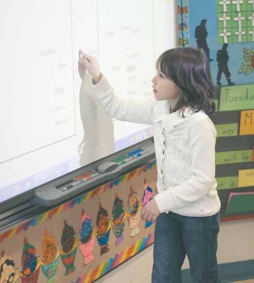 Students in Mrs. Rodgerson's Grade 2 classroom use a SMART Board to sign in at the start of the day: one more small way to get them on their feet and participating.
