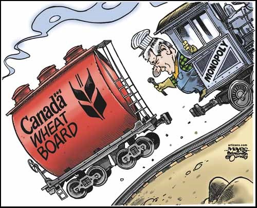 Stephen Harper disconnects Canadian Wheat Board
from Monopoly locomotive.