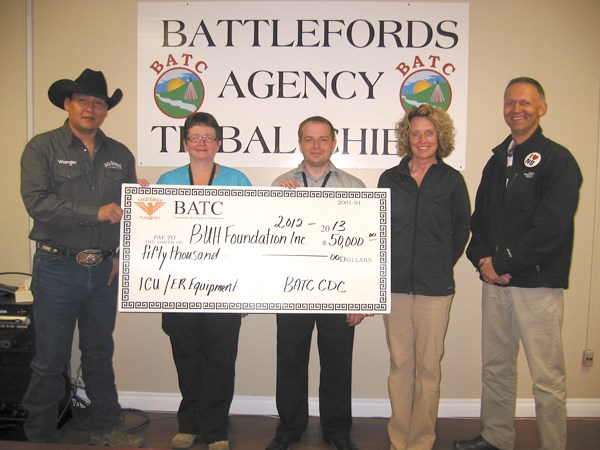 Battlefords Area Tribal Chiefs Community Development Corporation recently made a $50,000 contribution to both the intensive care unit and emergency department at BUH. Left to right are Stewart Baptiste, BATC CDC board member and chief of Red Pheasant Cree Nation; Pat McWatters, BUH Nurse Manager, Intensive Care Unit/Dialysis/Chemotherapy; Chris Etcheverry, BUH Nurse Manager, Emergency/Ambulatory Care Clinic; Brenda Sparrow, BUH Foundation volunteer vice-chairperson; and Don Buglas, BATC board member, City of North Battleford.